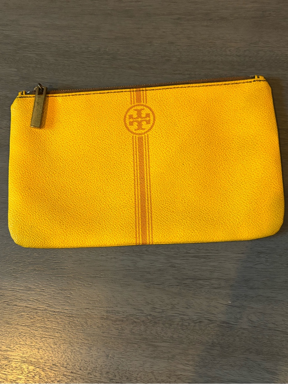 Authentic Tory Burch Sunflower Yellow Leather Zip Pouch with Stripe Logo